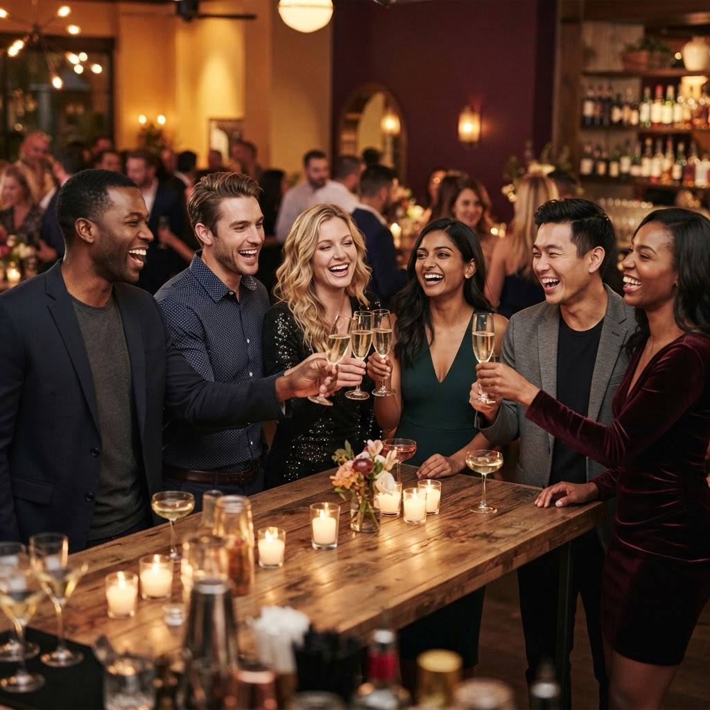 A diverse group of friends laughing and raising their glasses in a cheers toast at a warmly lit dinner table